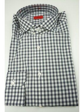 Isaia White Mauve Gray Plaid Long Sleeve Cotton Dress Shirt 15.5/39 NEW